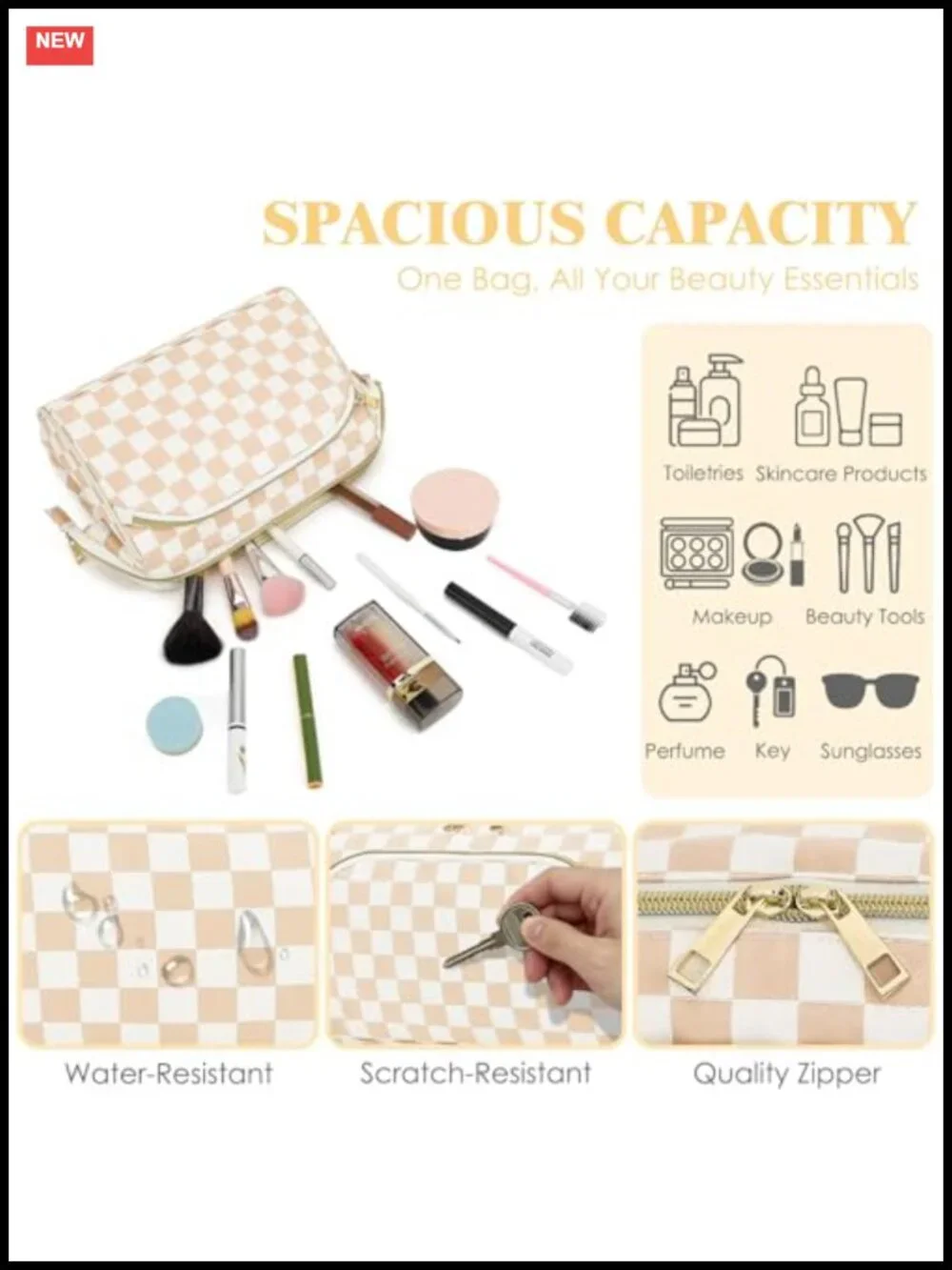 Waterproof Checkered Travel Makeup Bag for Women, Wide-open Cosmetic Organizer